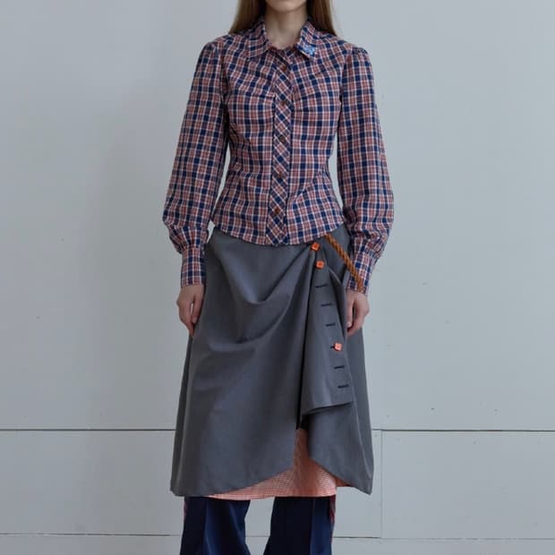 헤레틱 back curve check puff  shirt /orange