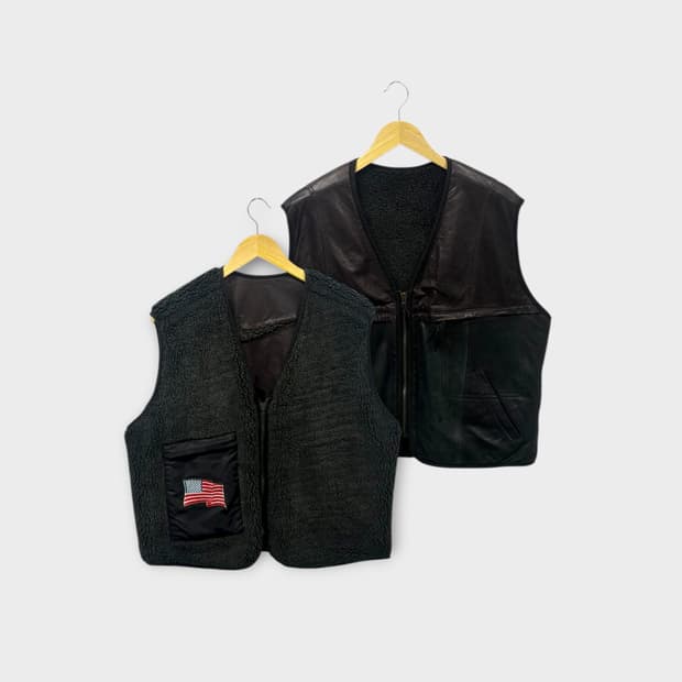 스우시 리버시블 빈티지 플리스 가죽 조끼 M