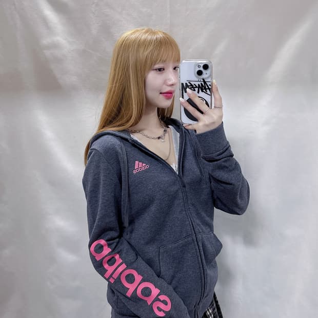아디다스 핑크 사이드로고 그레이 후드집업 