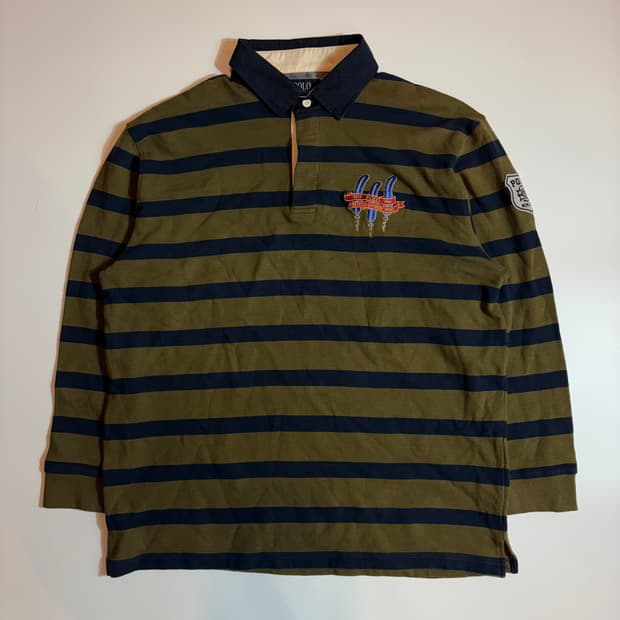 폴로 랄프로렌 깃털 자수 스트라이프 럭비 카라티