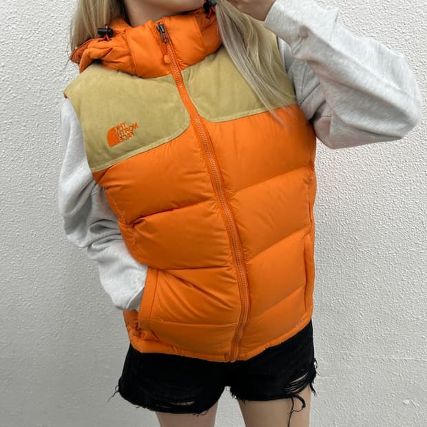 노스페이스 700 베이지스웨이드 오렌지 후드 패딩조끼 90