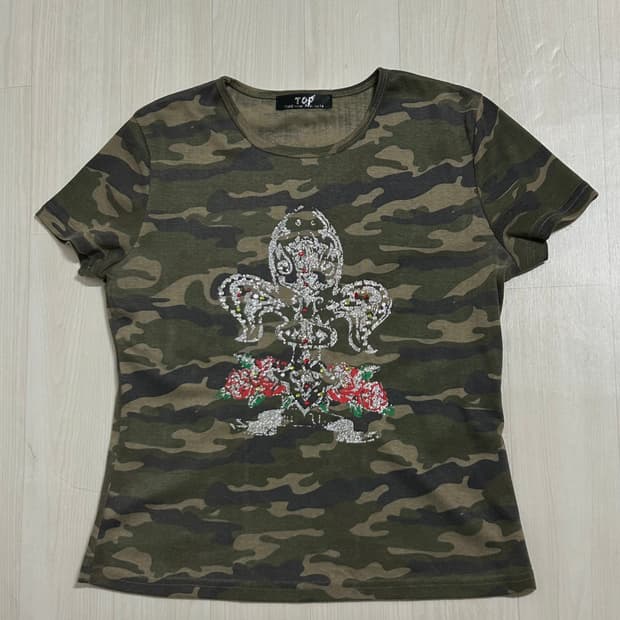 빈티지 y2k 카모 오리엔탈 큐빅 반팔 탑
