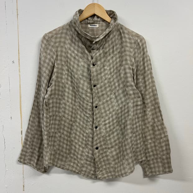 W-LL) 플랜테이션 베이지 체크 하이넥 린넨 셔츠