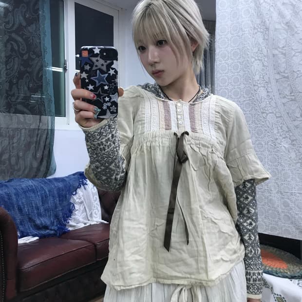 제페니즈 빈티지 여성 반팔 모리 블라우스 