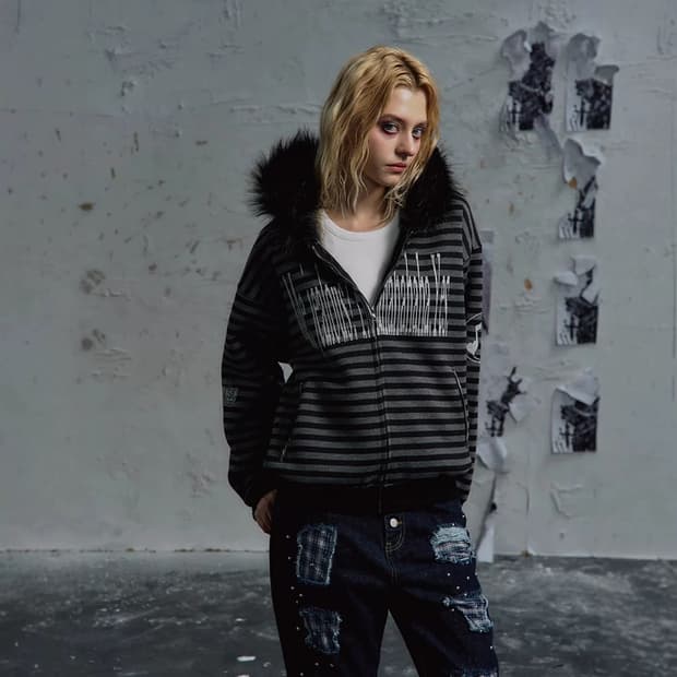 퍼 후드 스트라이프 그런지 집업