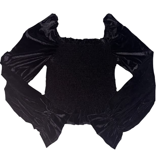 블랙 스퀘어넥 벨벳 오프숄더 셔링 크롭 탑 블라우스