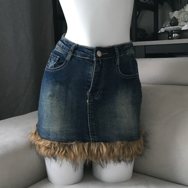 ༒ furry denim skirt