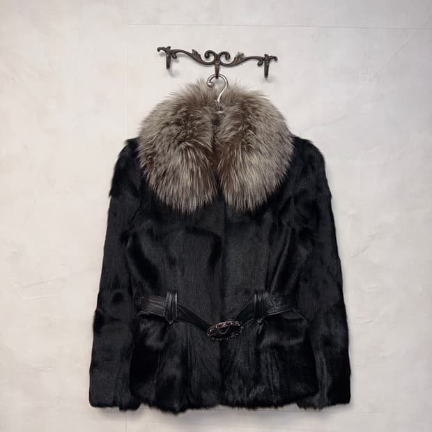 Black goat&fox fur lamb skin belt jacket
