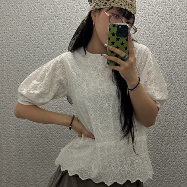 빈티지 코지 모리 키치 플라워패턴 반팔 블라우스 K0375