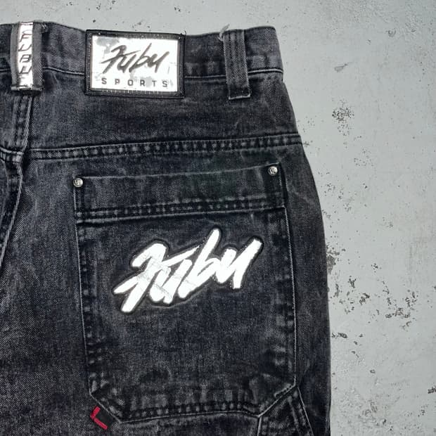 빈티지 Fubu 더 콜렉션 리플렉팅 로고 배기 데님 카펜터팬츠 블랙
