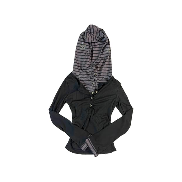 별포인트 후드 단추 차콜 긴팔티