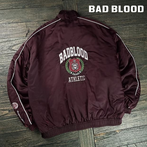 [배드블러드] 그래픽 자수 오버핏 사틴 블루종 자켓 버건디 M19213