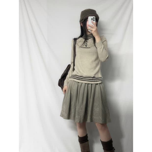 울 레이어드 니트 플라워 모티프 스커트 2pcs SET