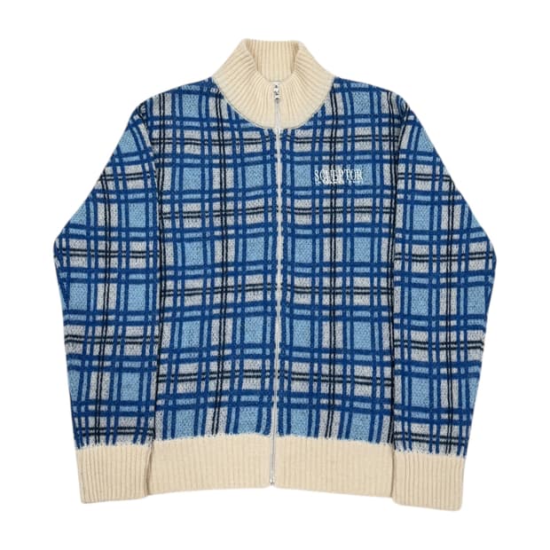 스컬프터 모헤어 체크집업 니트 멀티 블루 L