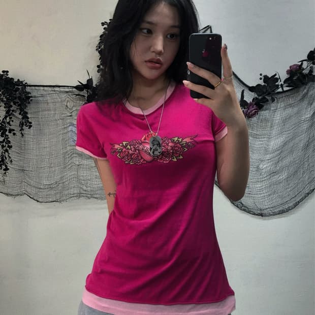 할리데이비슨 레이어드 타투 반팔 탑
