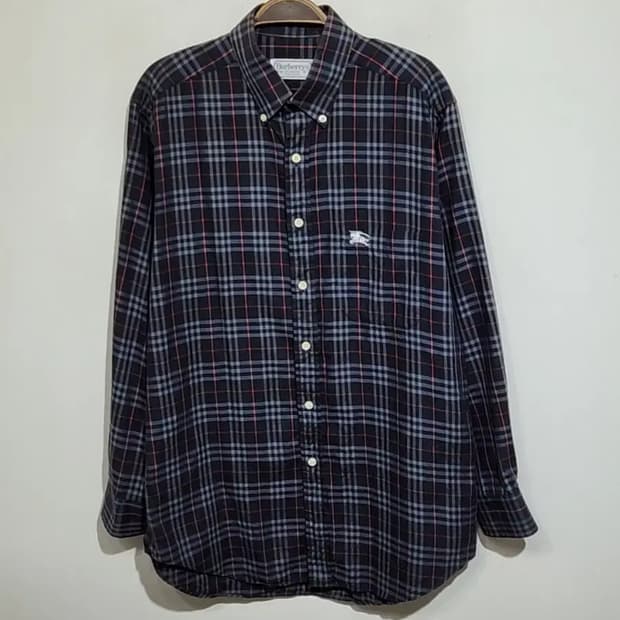 (L) 버버리 체크남방 네이비 셔츠 포켓 로고 캐주얼 