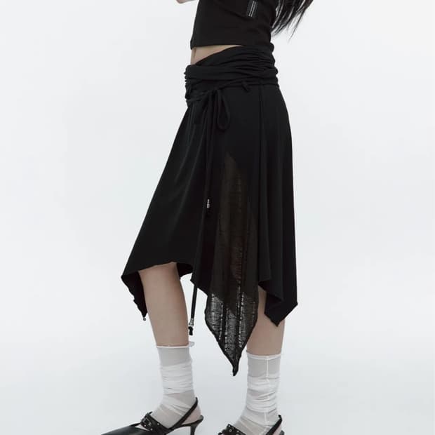 러프넥 Knit Layer Drape Skirt Black