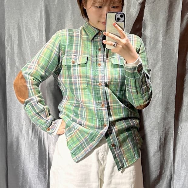 S 폴로랄프로렌 투포켓 레더패치 그린 체크셔츠