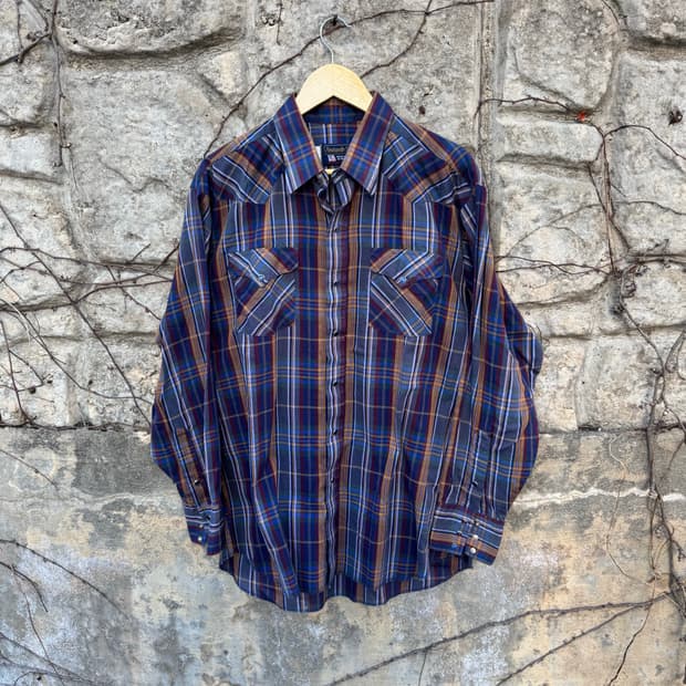 80s 팬핸들슬림 빈티지 체크 패턴 웨스턴 셔츠 