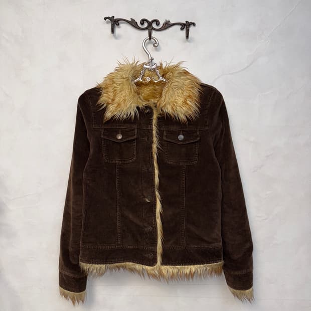 Brown corduroy fur trimmed button jacket