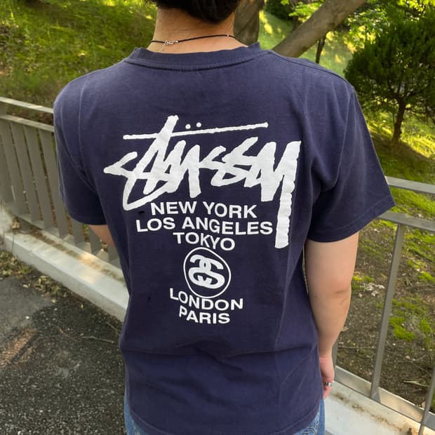 90s Stussy navy distressed T-shirt(USA)