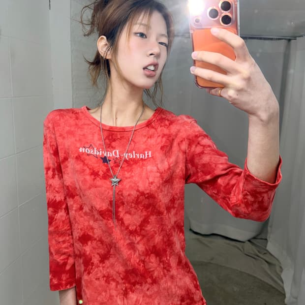 할리데이비슨 프린팅 레드 타이다이 7부 티셔츠