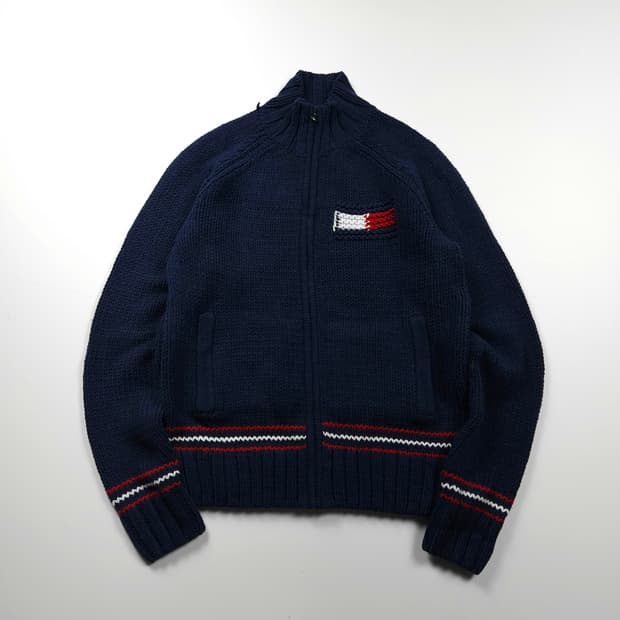타미힐피거 플래그 로고 디테일 코위찬 니트 자켓  (L) 