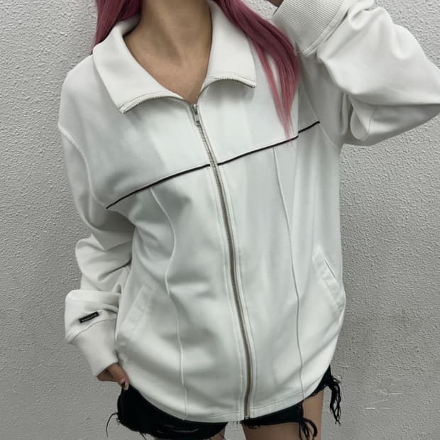 스투시 버건디 라인 화이트 집업 L