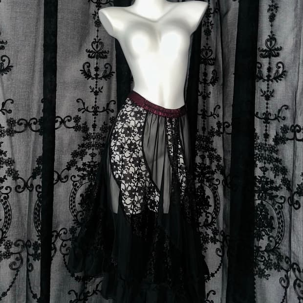 black lace chiffon flared long skirt