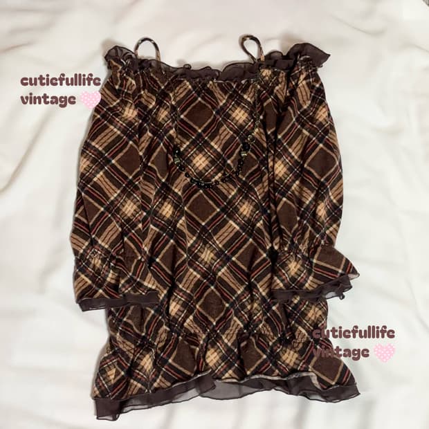 딸기초코 체크무늬 오프숄더 탑 히메카지