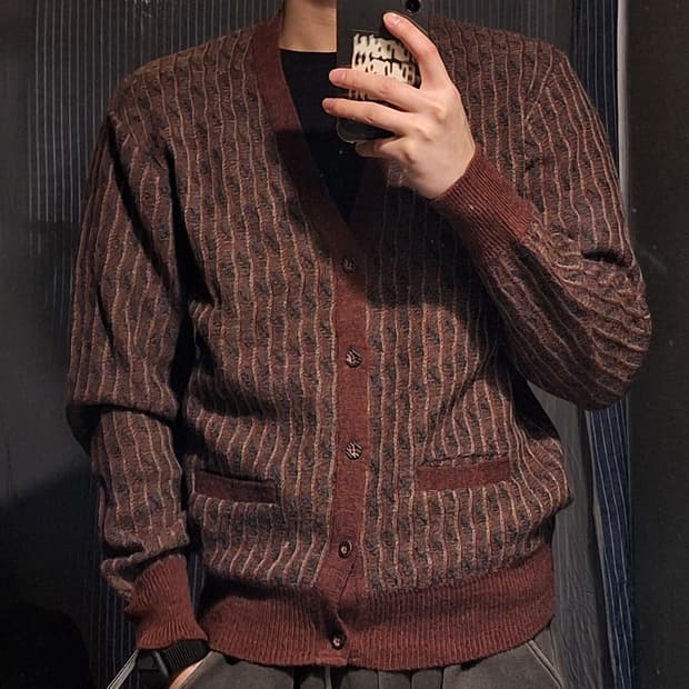 오스틴리드 브라운 멀티컬러 스트라이프 울100 브이넥 니트 가디건 M