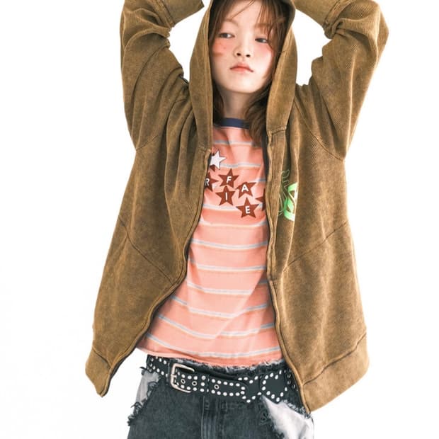 샵페어리 컬러 워싱 와플 집업 브라운