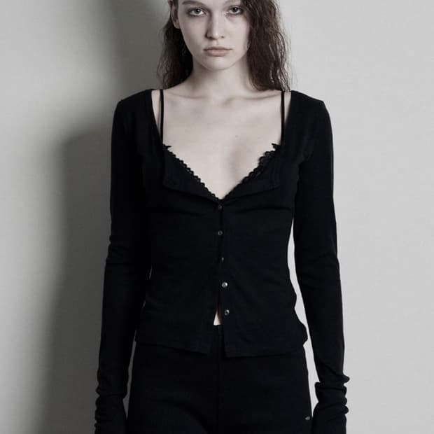 BASIC SCOOPED BUTTON CARDIGAN, BLACK