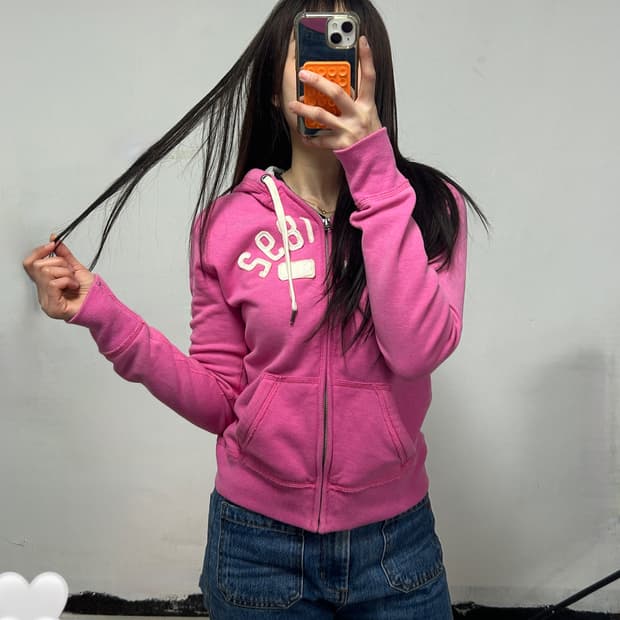 아베크롬비 y2k 자수로고 후드집업 핑크