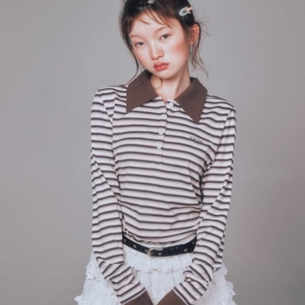 유희 STRIPE LONG SLEEVE PK T-SHIRTS BROWN