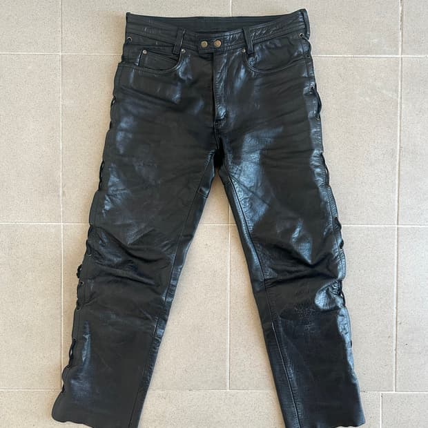 빈티지 레이스업 레더 팬츠 블랙