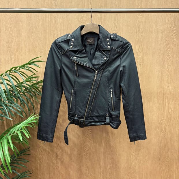 빈티지 레더 라이더 자켓 숄더 견장 스터드 밑단 벨트 스트랩 디테일 블랙