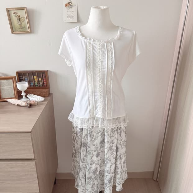 레이스 반팔+플라워 롱스커트