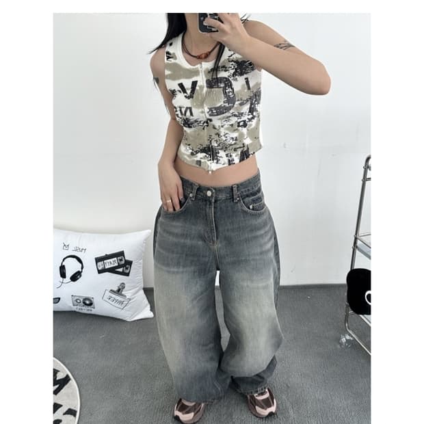 ootj 빈티지 워싱 데님 와이드팬츠