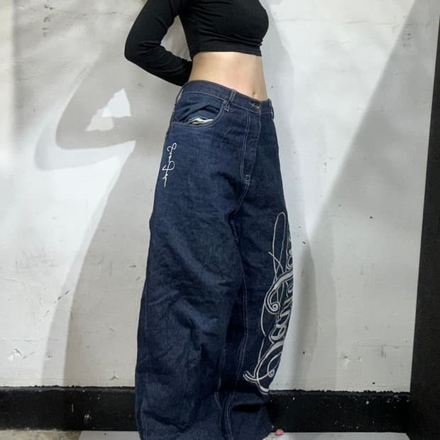 90s 션 존 진청 와이드 자수 올드스쿨 힙합 새깅 팬츠 청바지 36