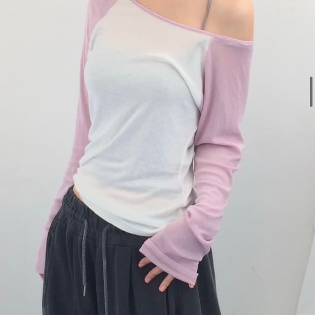 너의빈/루즈무드 오픈숄더 롱 슬리브 티셔츠 핑크