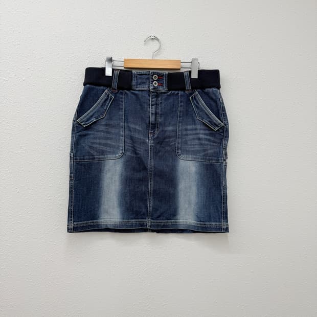 빈티지 밴딩 벨트 데님 미디 스커트