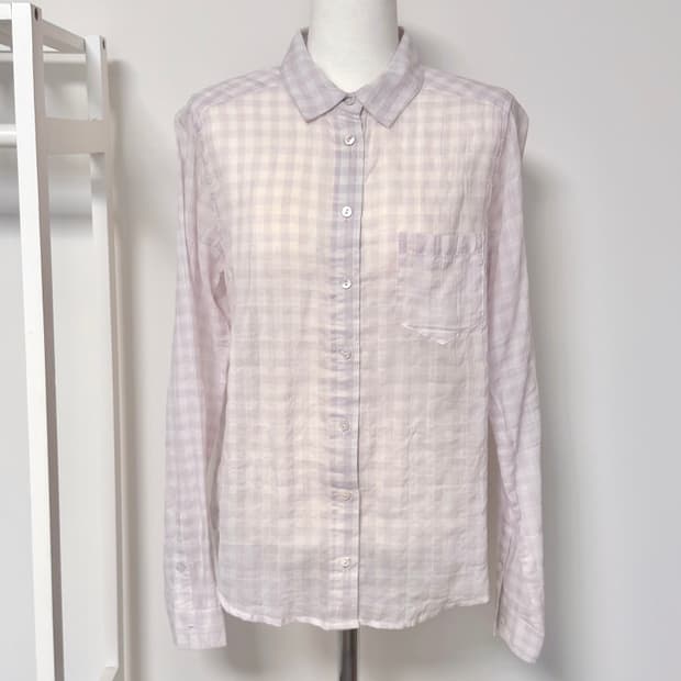 일본빈티지 모리걸 자개단추 보라체크 긴팔셔츠