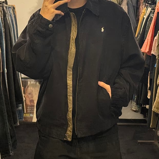 폴로 랄프로렌 블랙 스웨이드 블루종 봄버 점퍼 카라 자켓 XL 105