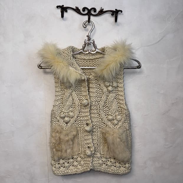 Ivory fur ball detail hood knit vest