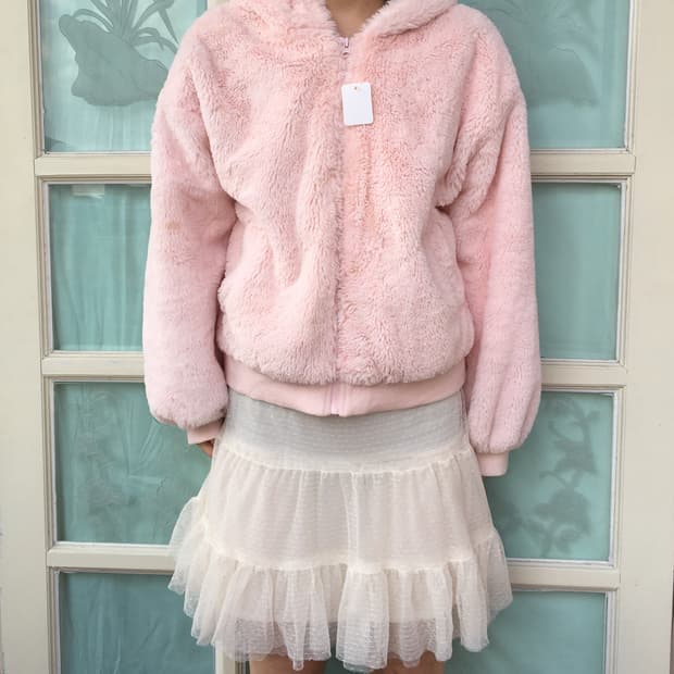 Rabbit ear hood fake fur zip up