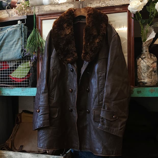 80s 프렌치 헤비레더 카우하이드 카코트 소가죽 코트 양털 랜치 코트 L