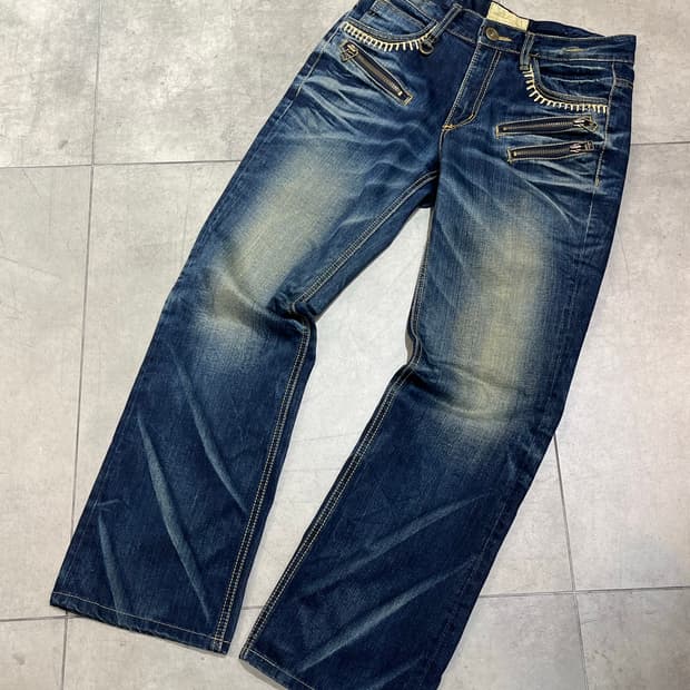 일본 빈티지 Lolita jeans 락펑크 지퍼 와이드 데님 팬츠 