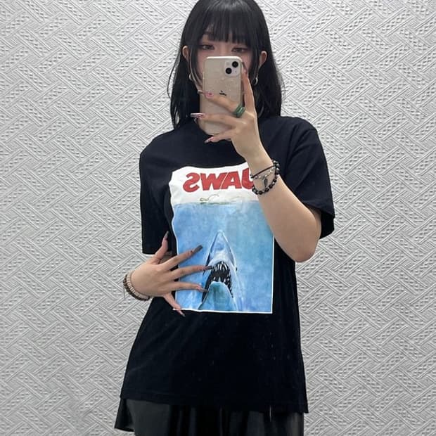 빈티지 재팬 스트릿 펑크 죠스 프린팅 반팔티 L C11599