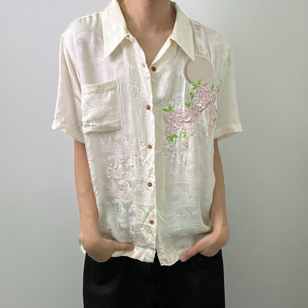 jpn vtg 백화요란 오리엔탈 벚꽃 자수 실크 반팔 셔츠 L